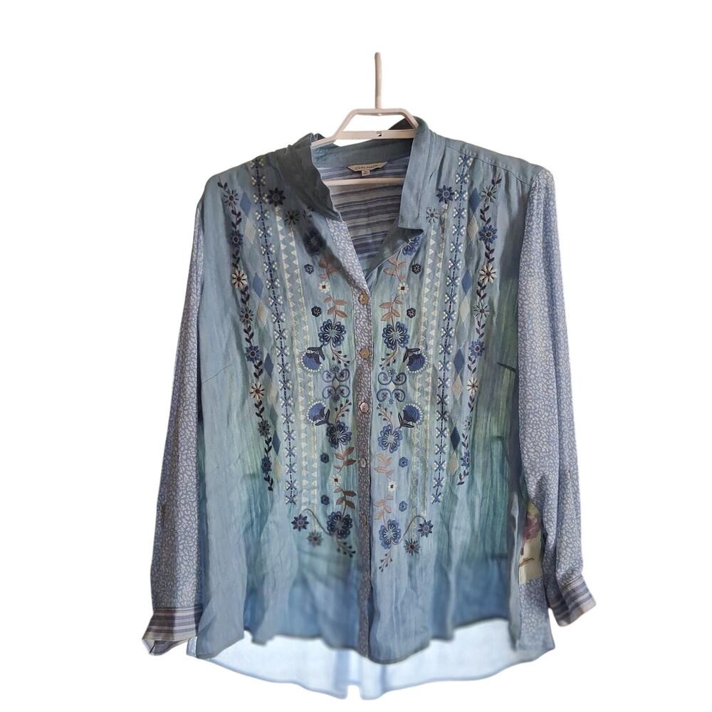 John Mark top womens 3X denim chambray button embroidered floral tunic